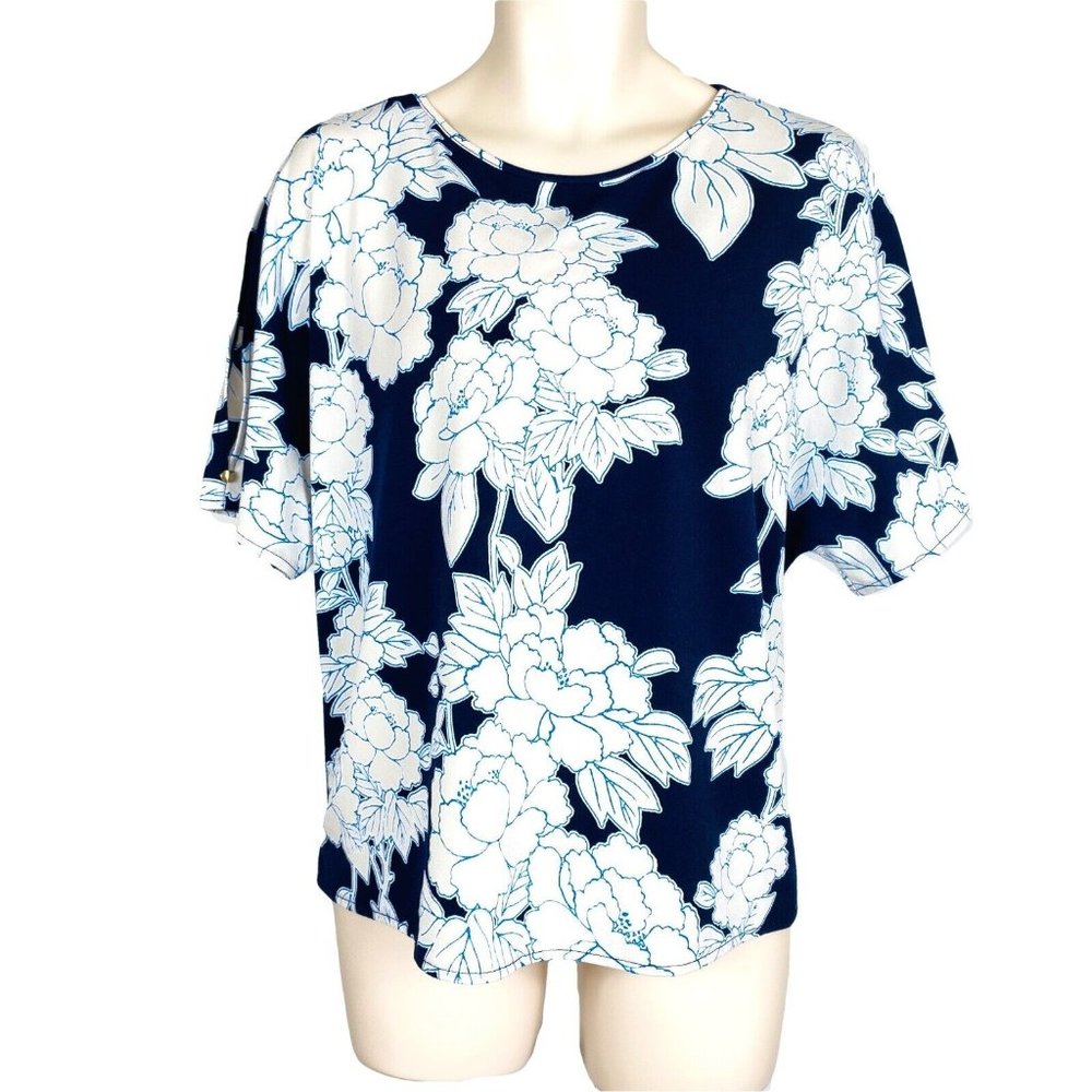 Womens Roz & Ali XL Dark Blue & White Floral Open Shoulder Stretch S/S Blouse